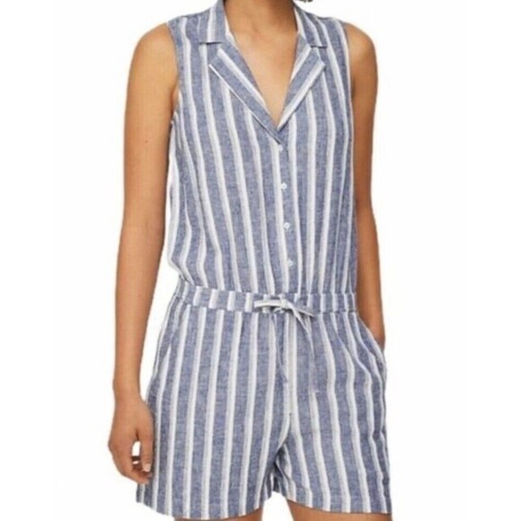 LOFT Linen Blend Romper Size 0 Blue Striped Sleeveless Drawstring Button Beach - Picture 1 of 11